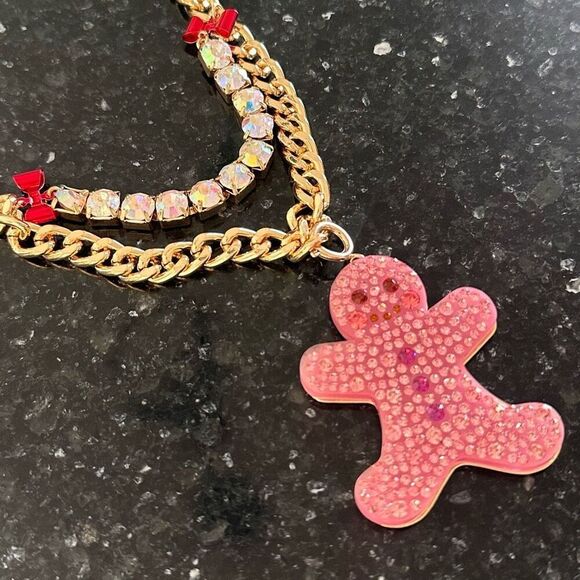 NWT BETSEY JOHNSON Pink‎ Multi Glitter Rhinestone Gingerbread Ornament Necklace - Picture 1 of 12